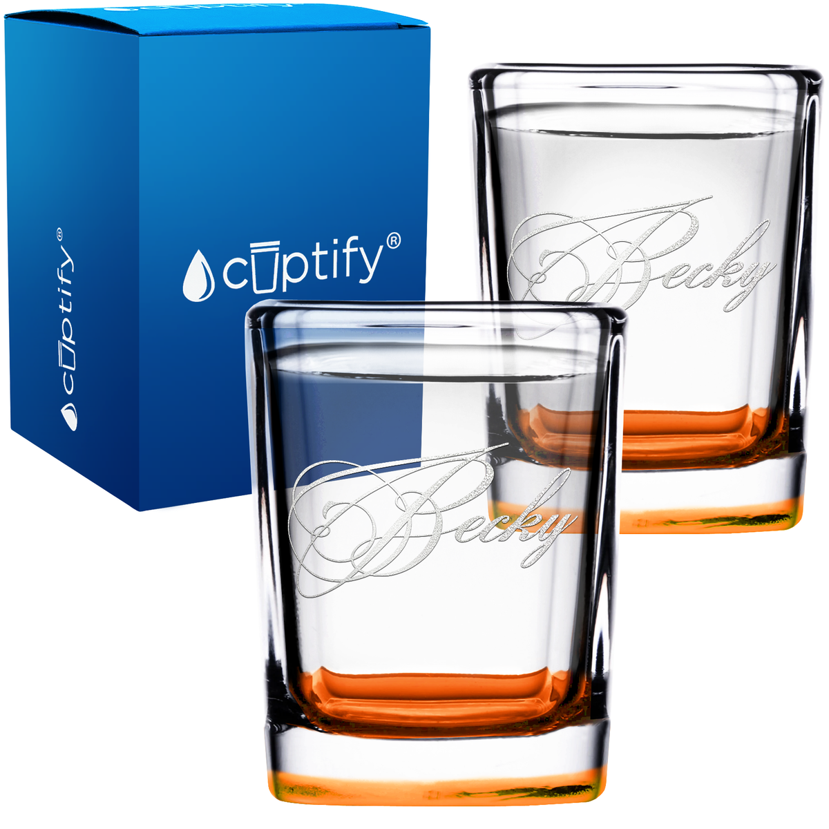 Personalized Decorative Script Etched 2oz Square Shot Glasses - Set of 2