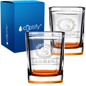 Personalized Ultramodern Monogram Etched 2oz Square Shot Glasses - Set of 2