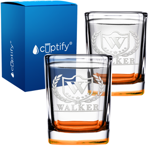 Personalized Initial and Name with Laurels Etched 2oz Square Shot Glasses - Set of 2