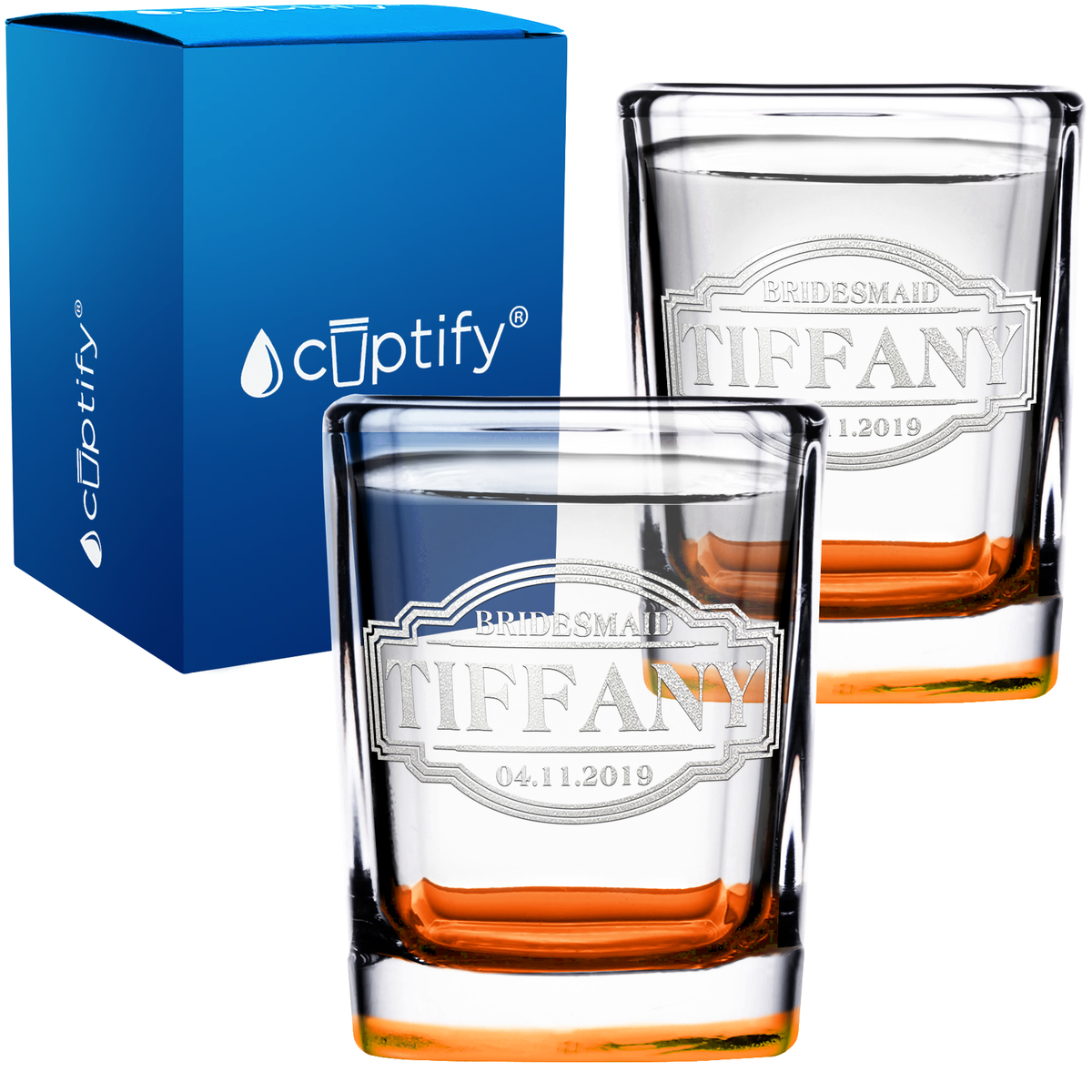 Personalized Bridesmaid with Date 2oz Square Shot Glasses - Set of 2