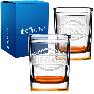 Personalized Bridesmaid with Date Etched on 2oz Square Shot Glasses - Set of 2