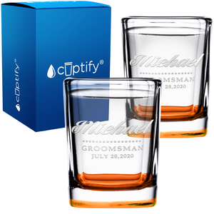 Personalized Groomsman Etched on 2oz Square Shot Glasses - Set of 2