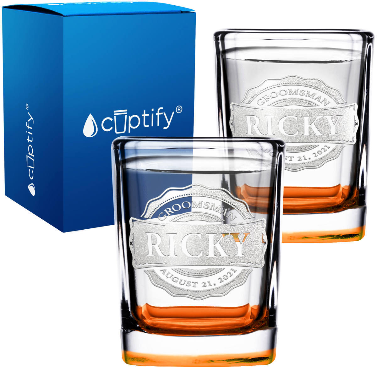 Personalized Groomsman Circle 2oz Square Shot Glasses - Set of 2