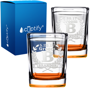 Personalized Groomsman Laurels Etched on 2oz Square Shot Glasses - Set of 2