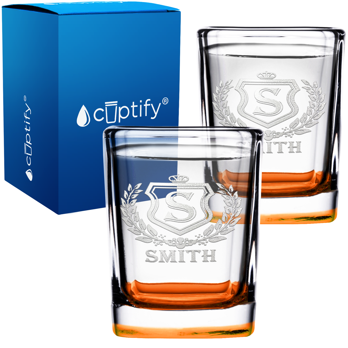 Personalized Monogram Initial Badge Etched 2oz Square Shot Glasses - Set of 2