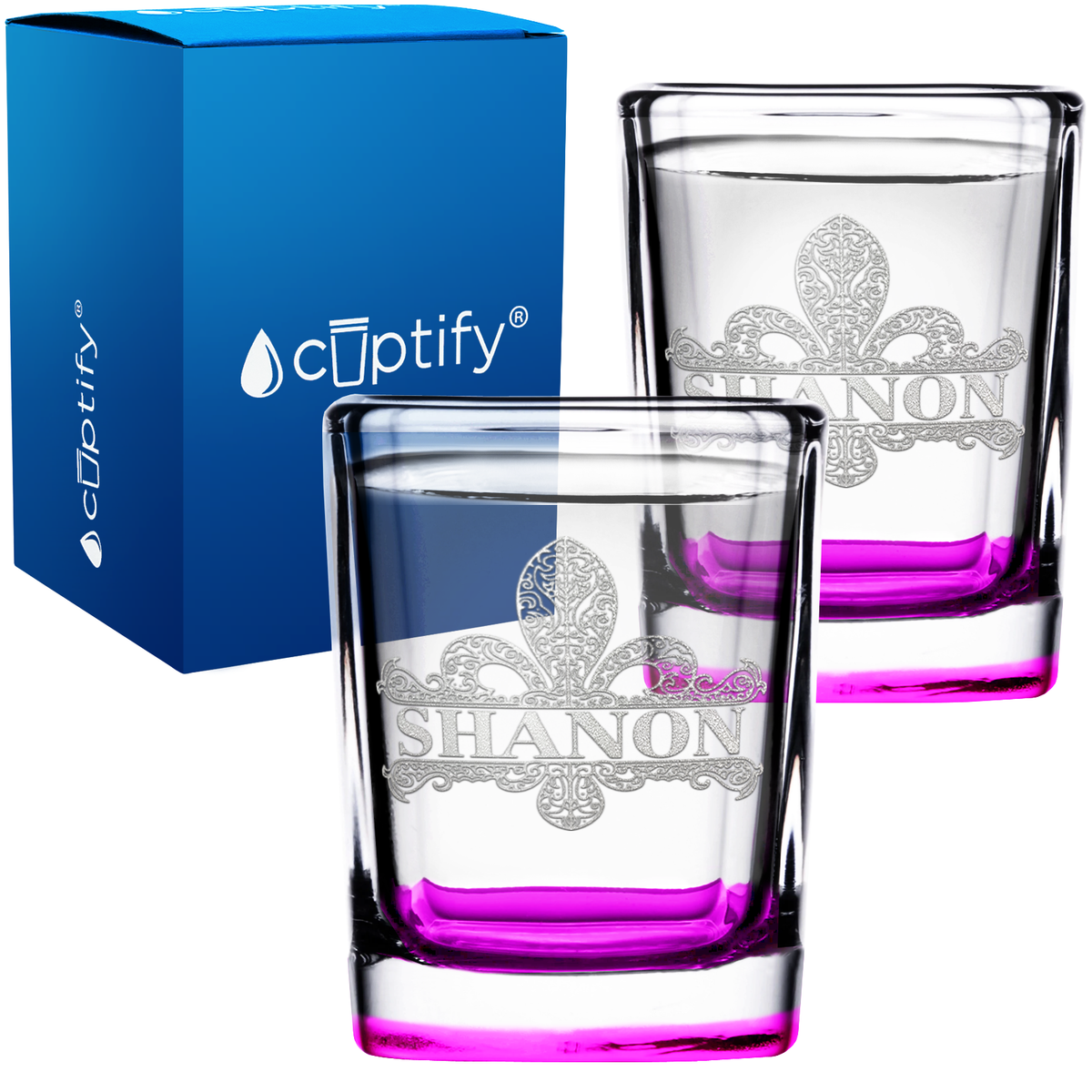 Personalized Fleur de Lis Etched 2oz Square Shot Glasses - Set of 2