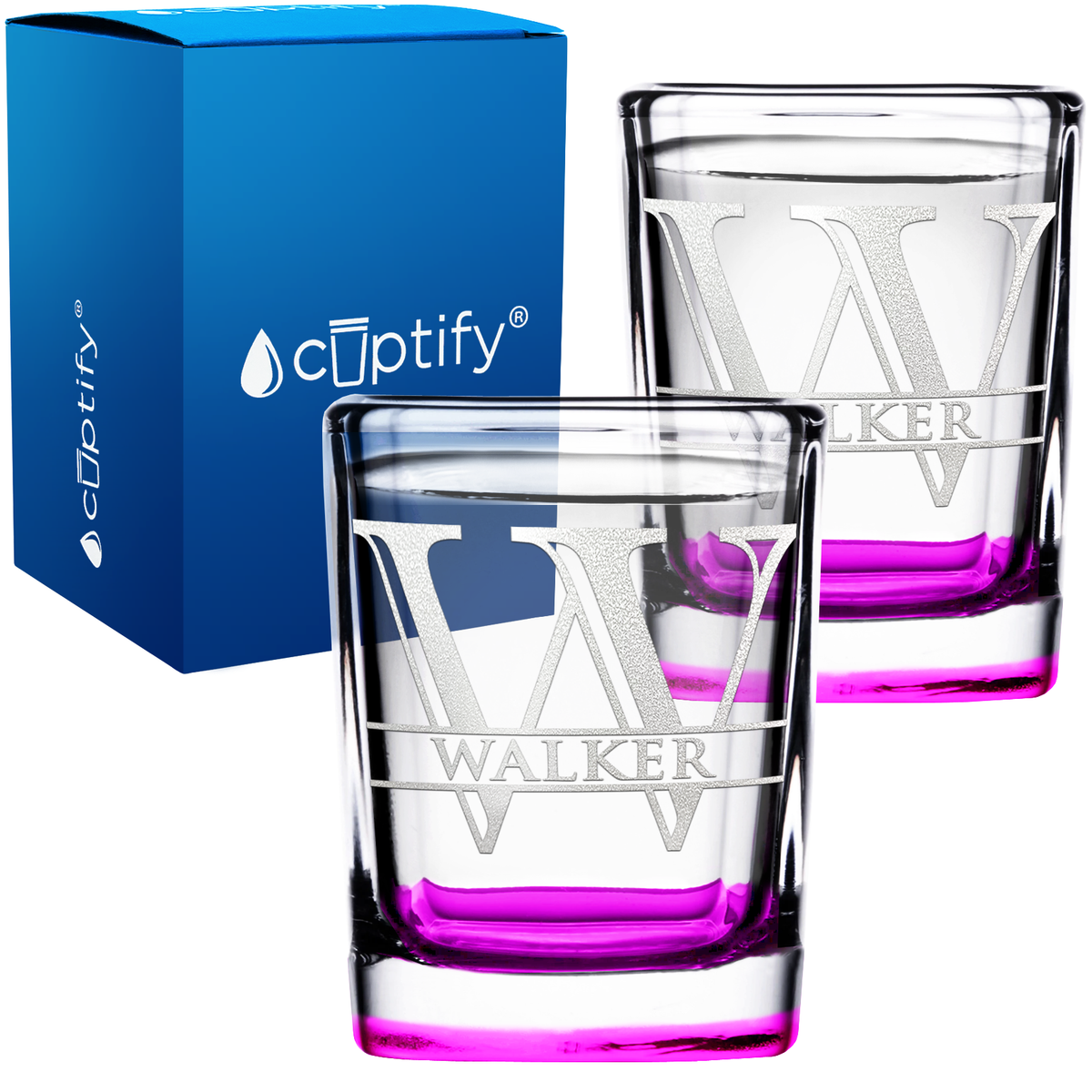 Personalized Split Script Initial and Name 2oz Square Shot Glasses - Set of 2