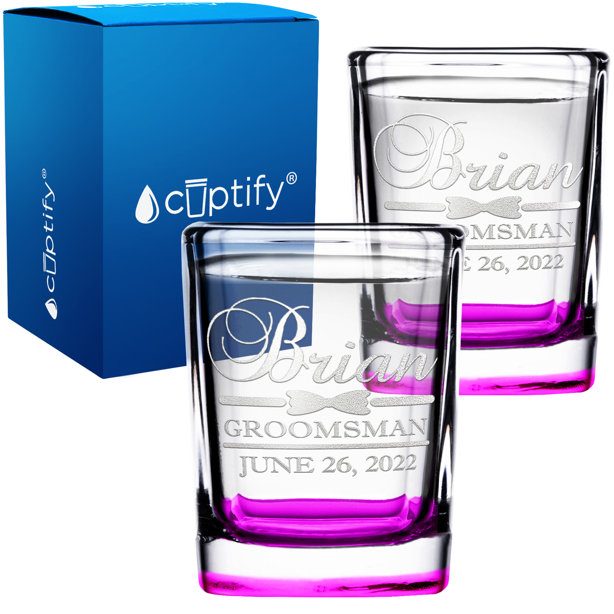 Personalized Groomsman Bow Tie 2oz Square Shot Glasses - Set of 2