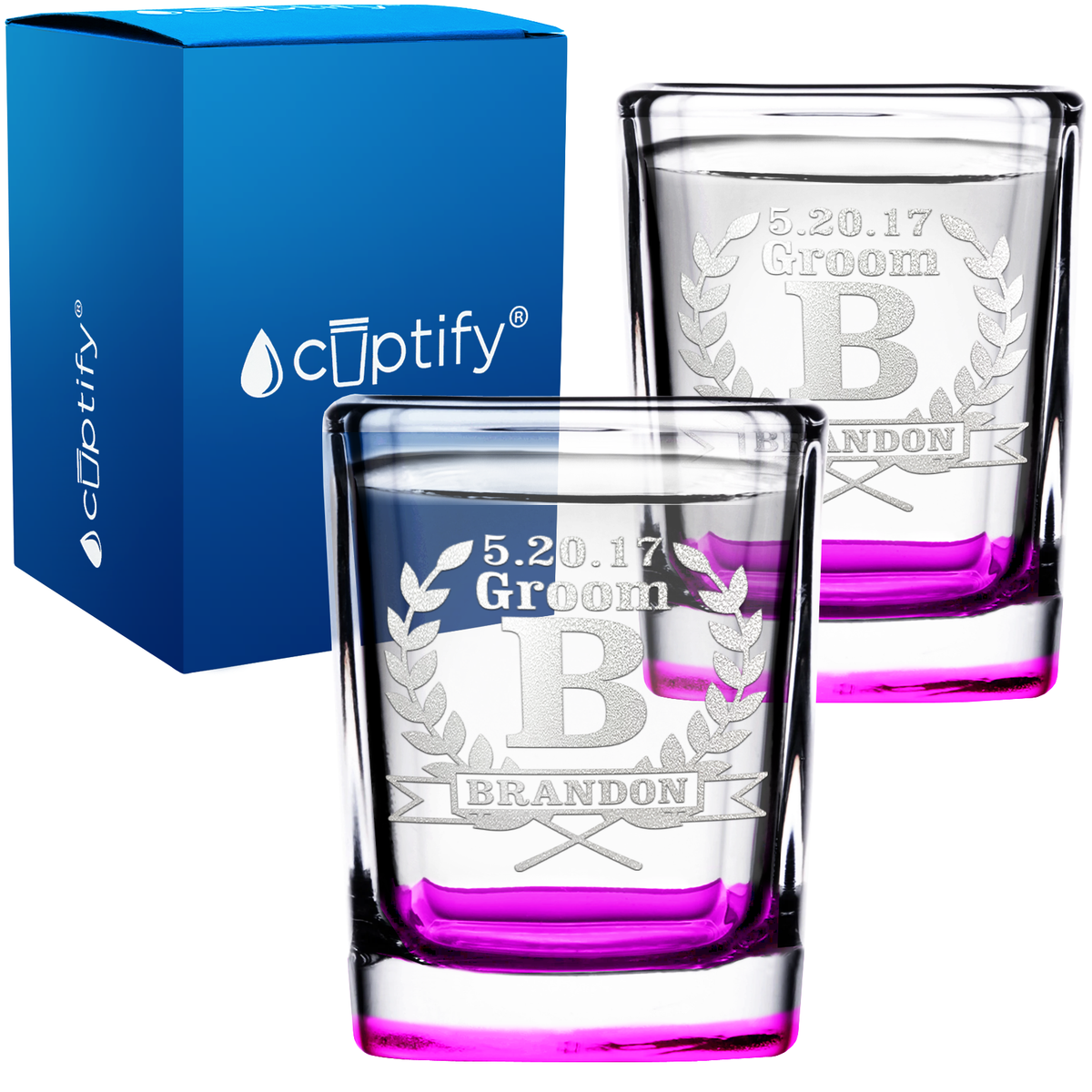 Personalized Groomsman Laurels 2oz Square Shot Glasses - Set of 2