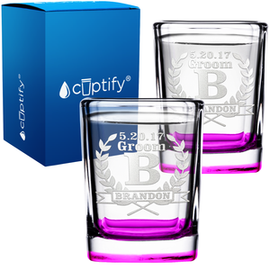 Personalized Groomsman Laurels Etched on 2oz Square Shot Glasses - Set of 2