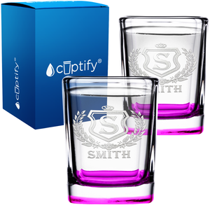 Personalized Monogram Initial Badge Etched 2oz Square Shot Glasses - Set of 2