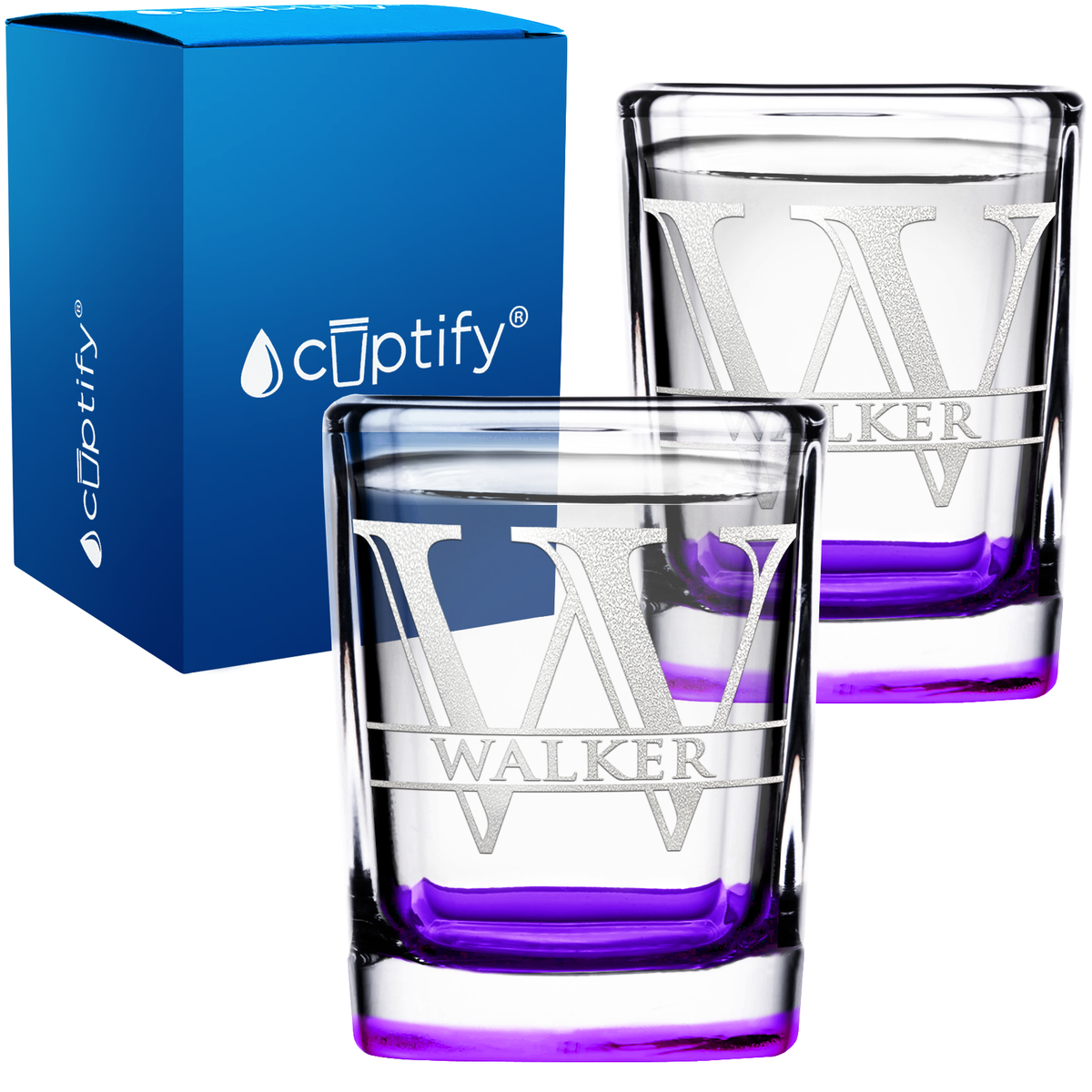 Personalized Split Script Initial and Name 2oz Square Shot Glasses - Set of 2