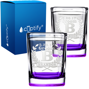 Personalized Groomsman Laurels Etched on 2oz Square Shot Glasses - Set of 2