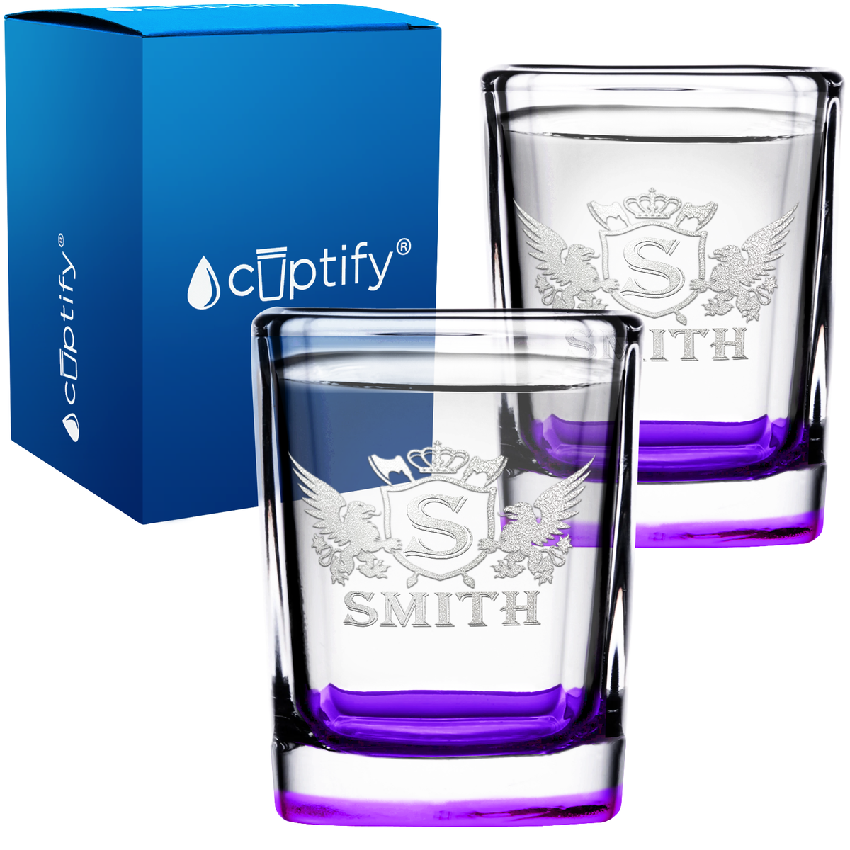 Personalized Initial Badge Crown Etched 2oz Square Shot Glasses - Set of 2
