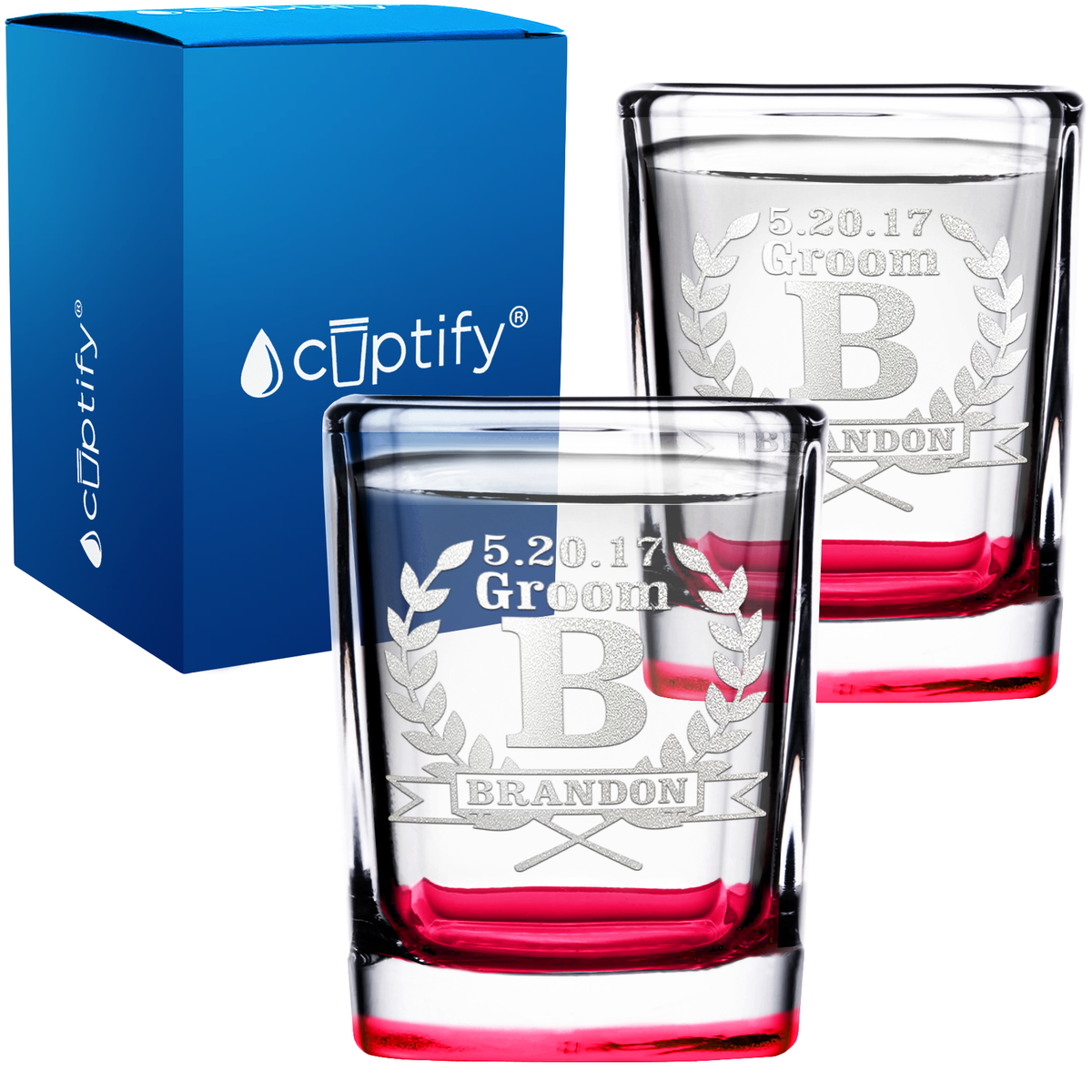 Personalized Groomsman Laurels 2oz Square Shot Glasses - Set of 2