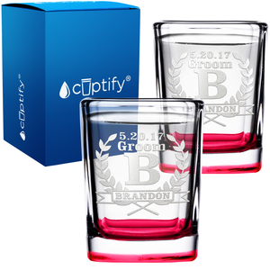 Personalized Groomsman Laurels Etched on 2oz Square Shot Glasses - Set of 2