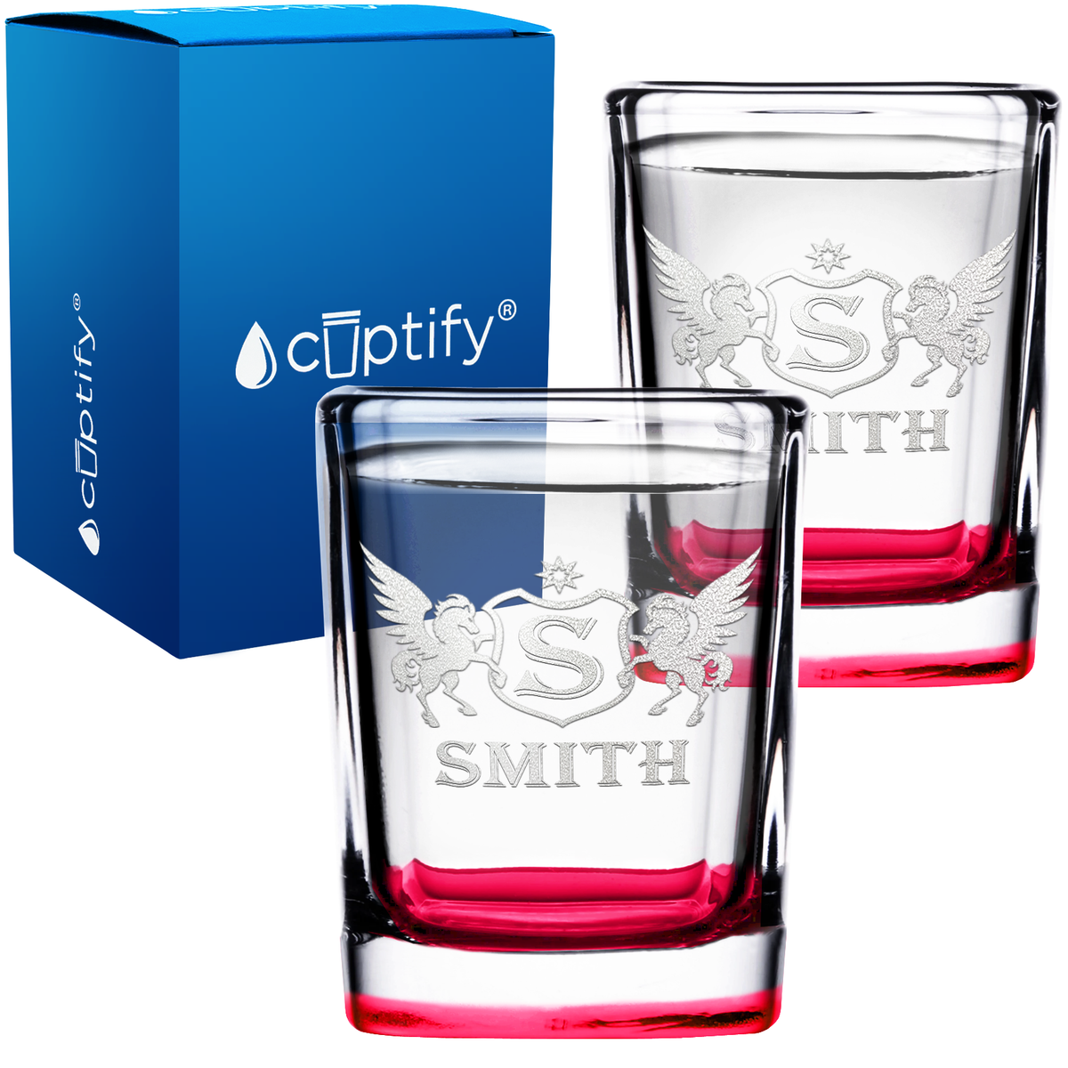 Personalized Pegasus Etched 2oz Square Shot Glasses - Set of 2