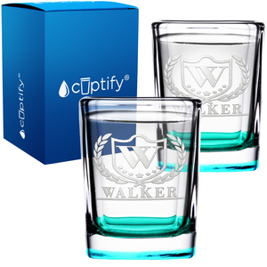 Personalized Initial and Name with Laurels Etched 2oz Square Shot Glasses - Set of 2