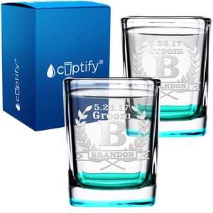 Personalized Groomsman Laurels Etched on 2oz Square Shot Glasses - Set of 2