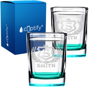 Personalized Monogram Initial Badge Etched 2oz Square Shot Glasses - Set of 2