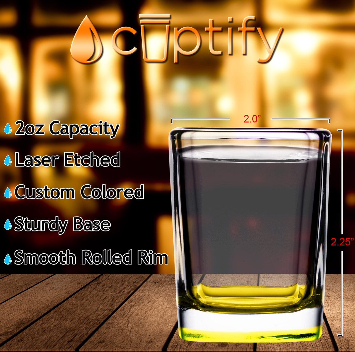 Yellow Bottom 2oz Square Shot Glasses - Set of 2