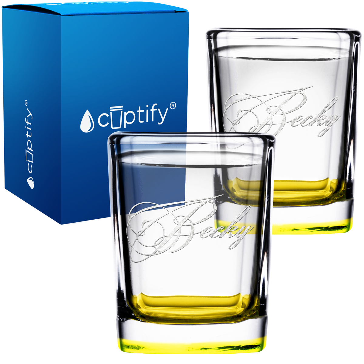 Personalized Decorative Script Etched 2oz Square Shot Glasses - Set of 2