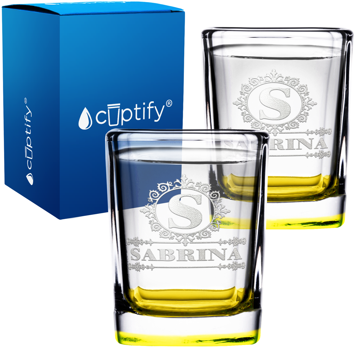 Personalized Ultramodern Monogram Etched 2oz Square Shot Glasses - Set of 2