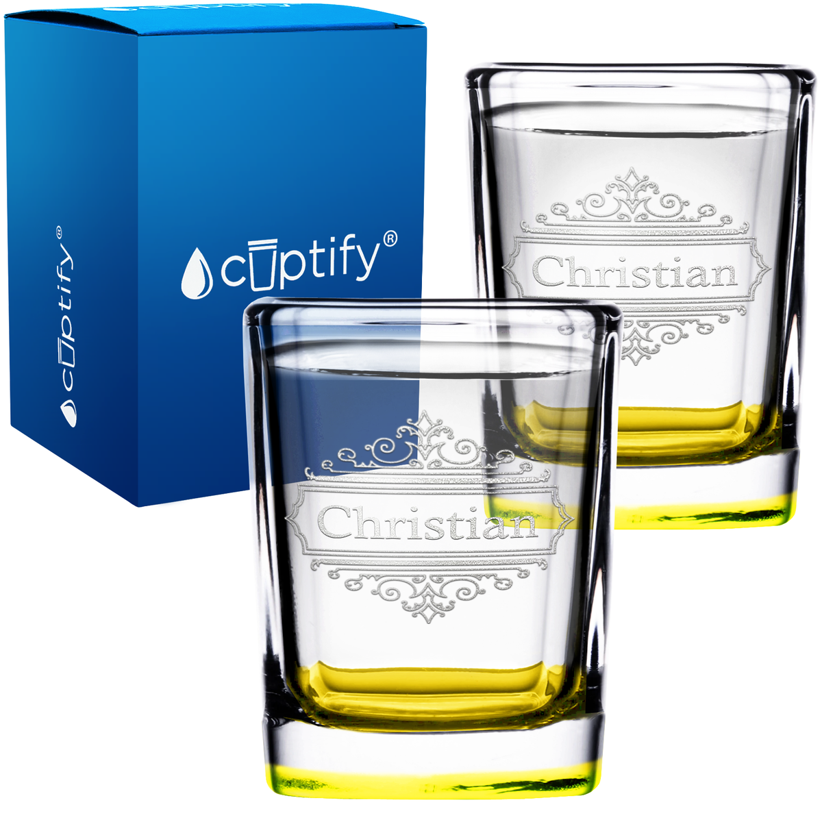 Personalized Crest Border Etched 2oz Square Shot Glasses - Set of 2