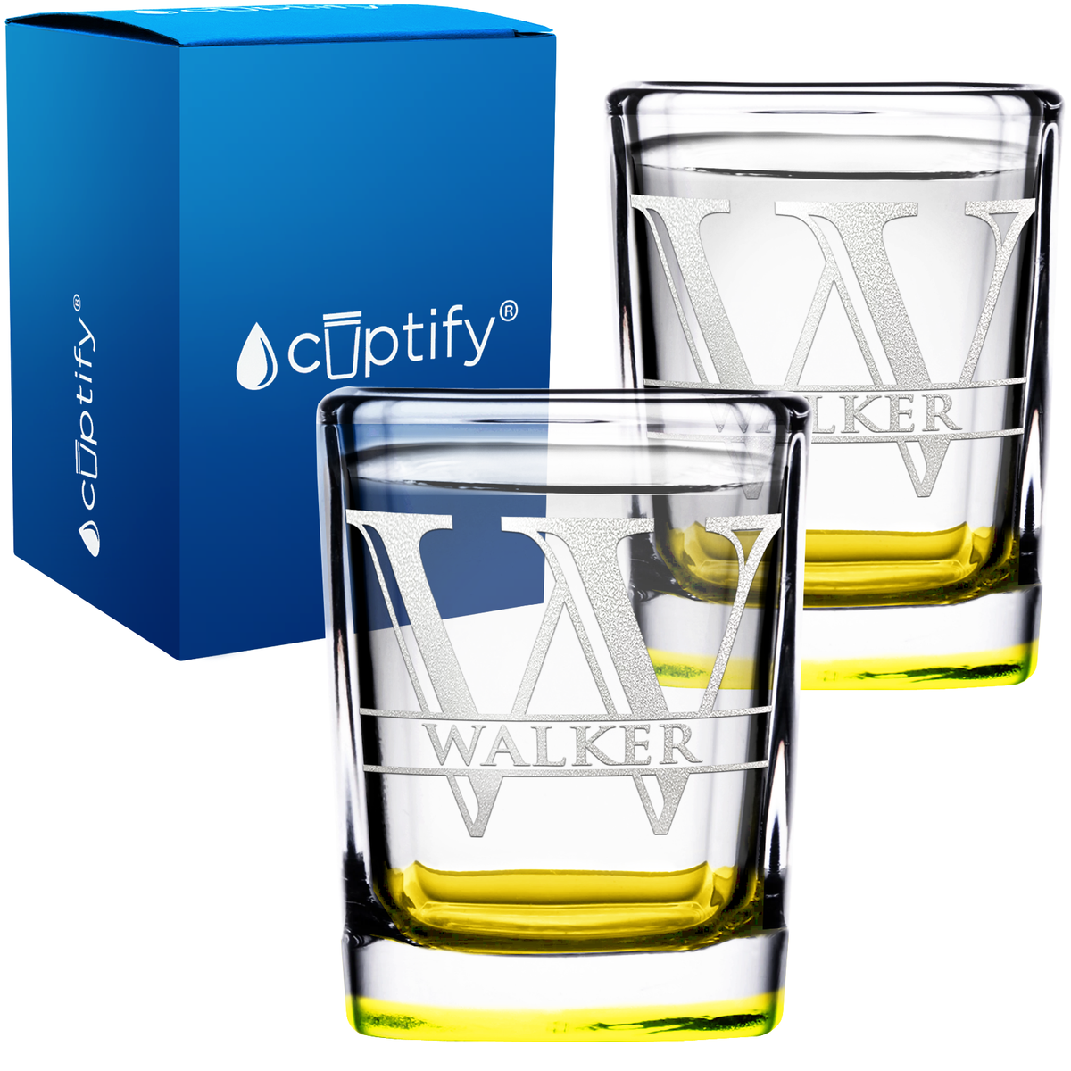 Personalized Split Script Initial and Name 2oz Square Shot Glasses - Set of 2