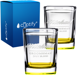Personalized Groomsman Etched on 2oz Square Shot Glasses - Set of 2
