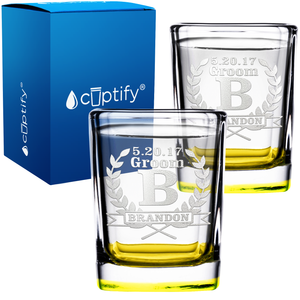 Personalized Groomsman Laurels Etched on 2oz Square Shot Glasses - Set of 2