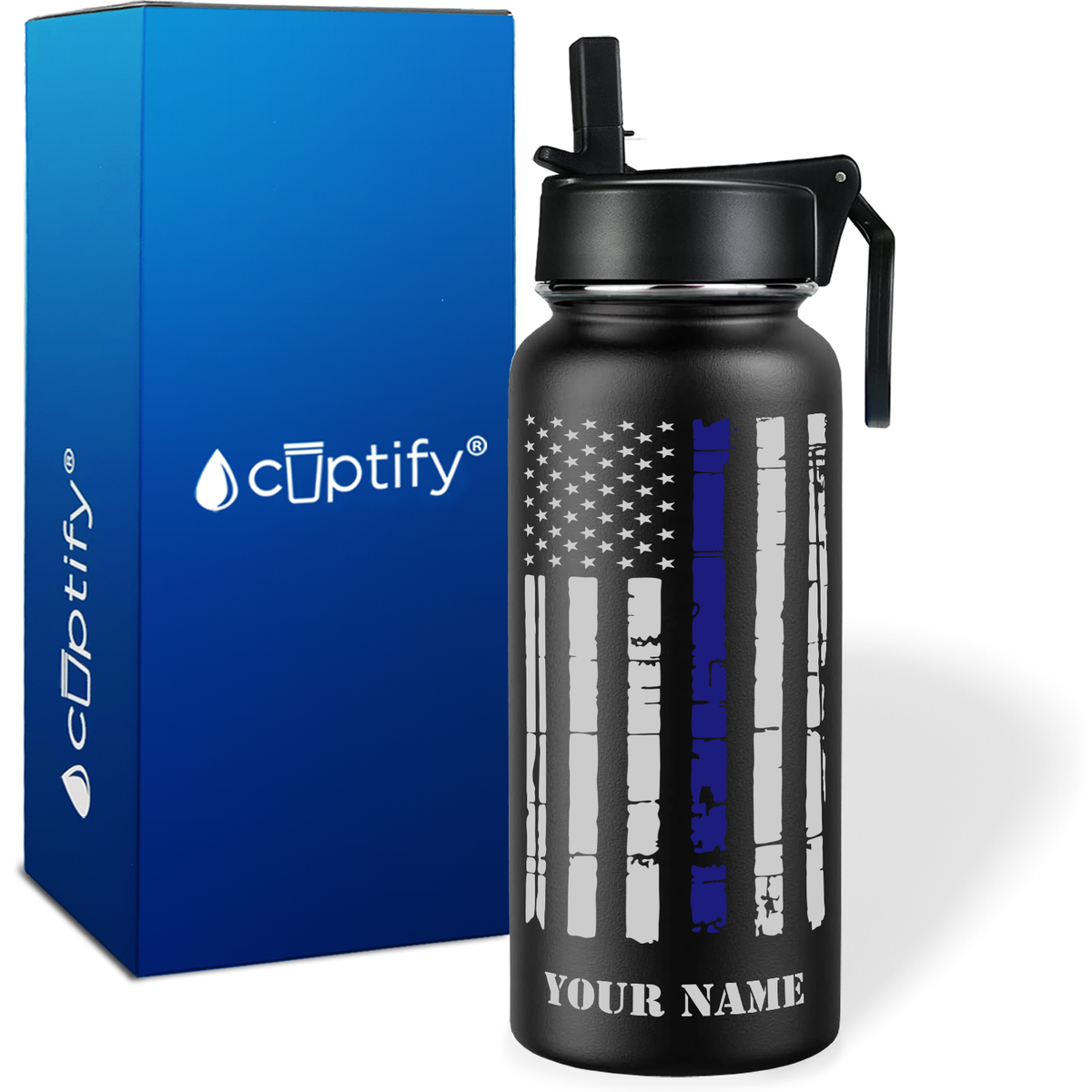 Personalized Distressed Thin Blue Line Flag on Black Matte 32oz Wide Mouth Water Bottle