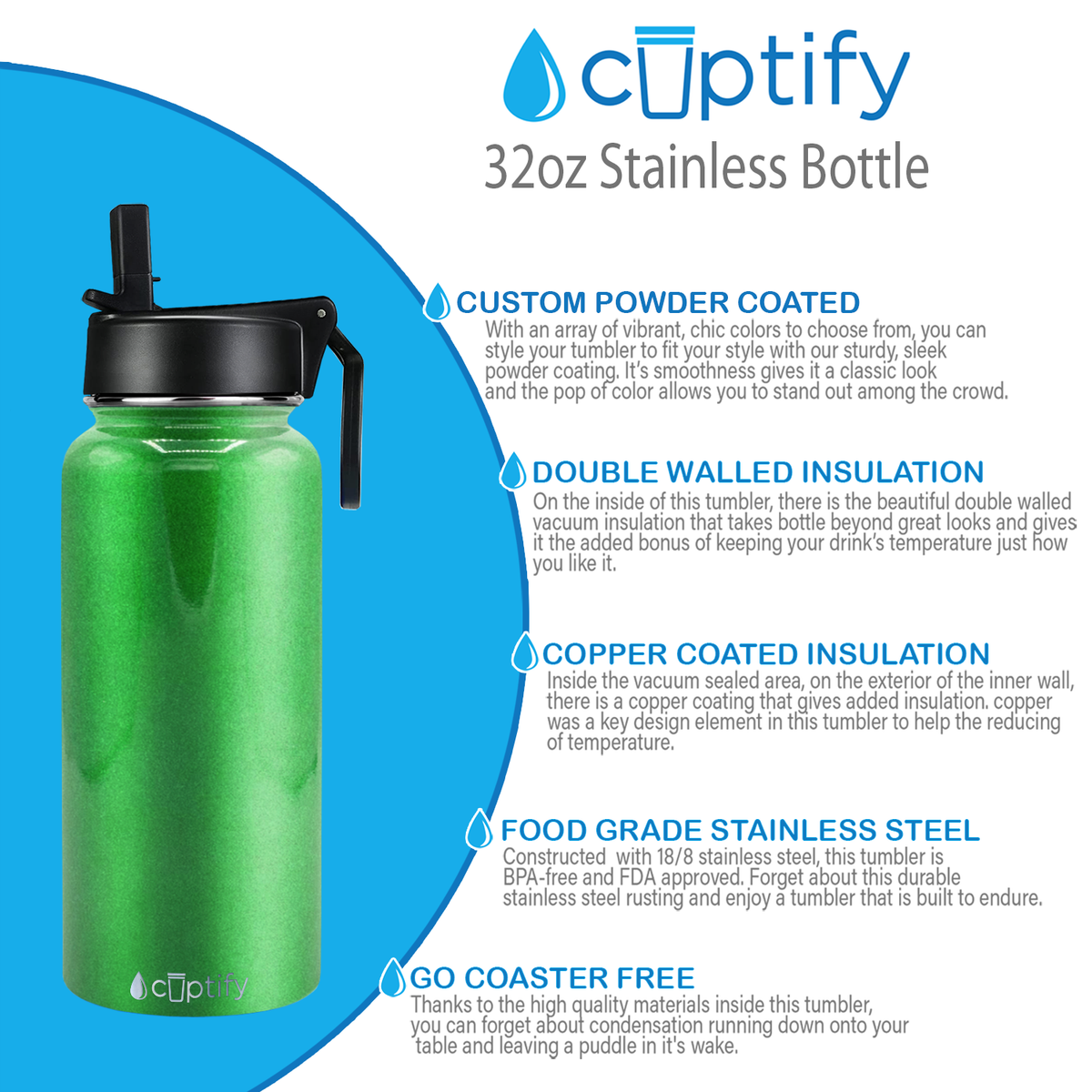 32oz Emerald Green Glitter Wide Mouth Water Bottle With Straw Lid