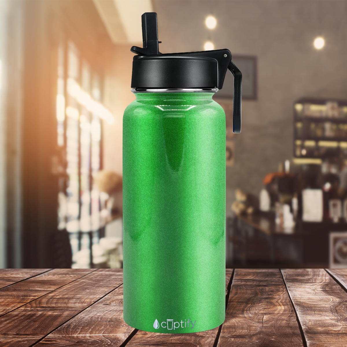 32oz Emerald Green Glitter Wide Mouth Water Bottle With Straw Lid