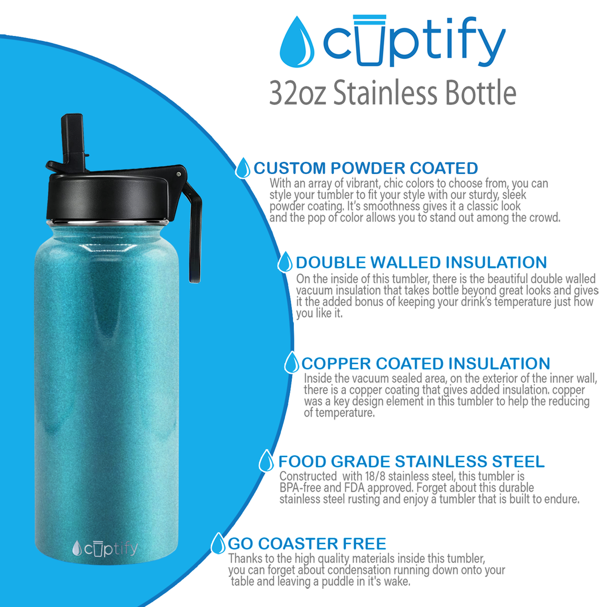 32oz Seafoam Glitter Wide Mouth Water Bottle With Straw Lid