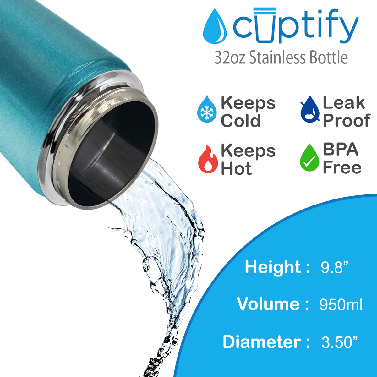 32oz Seafoam Glitter Wide Mouth Water Bottle With Straw Lid