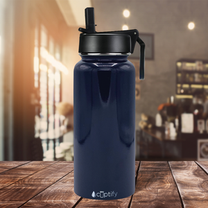 32oz Navy Blue Gloss Wide Mouth Water Bottle With Straw Lid