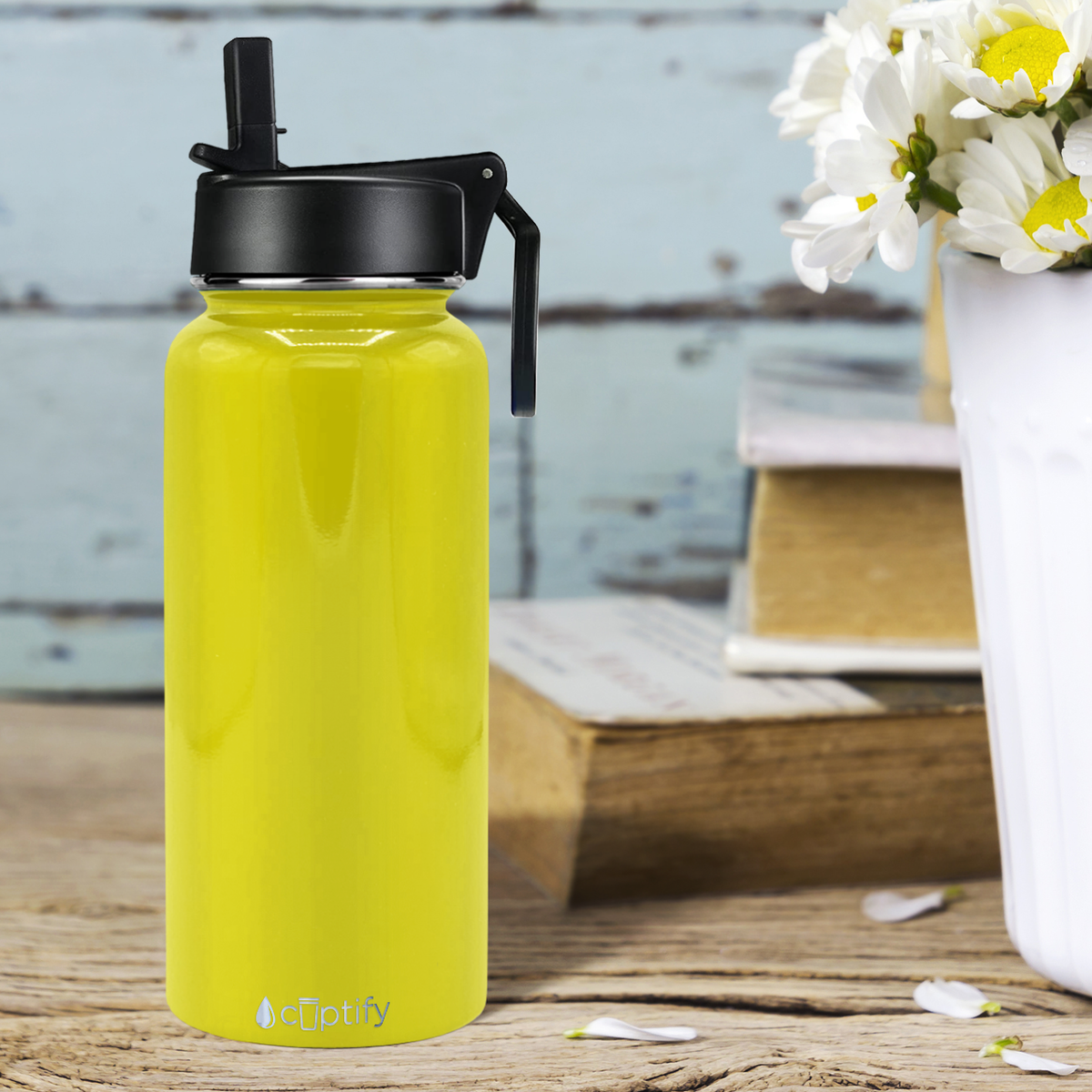 32oz Yellow Gloss Wide Mouth Water Bottle With Straw Lid