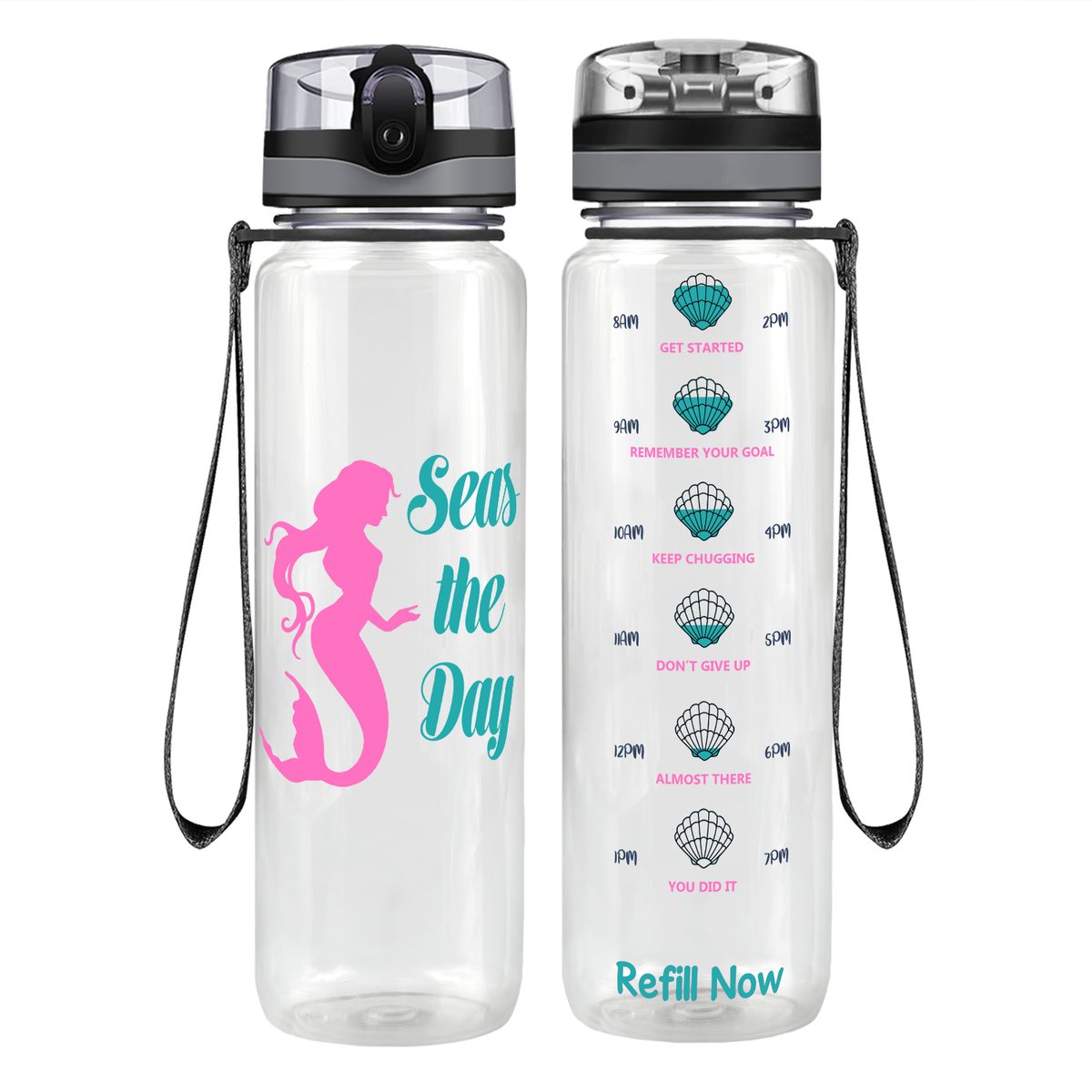 Seas the Day on 32 oz Motivational Tracking Beach Water Bottle