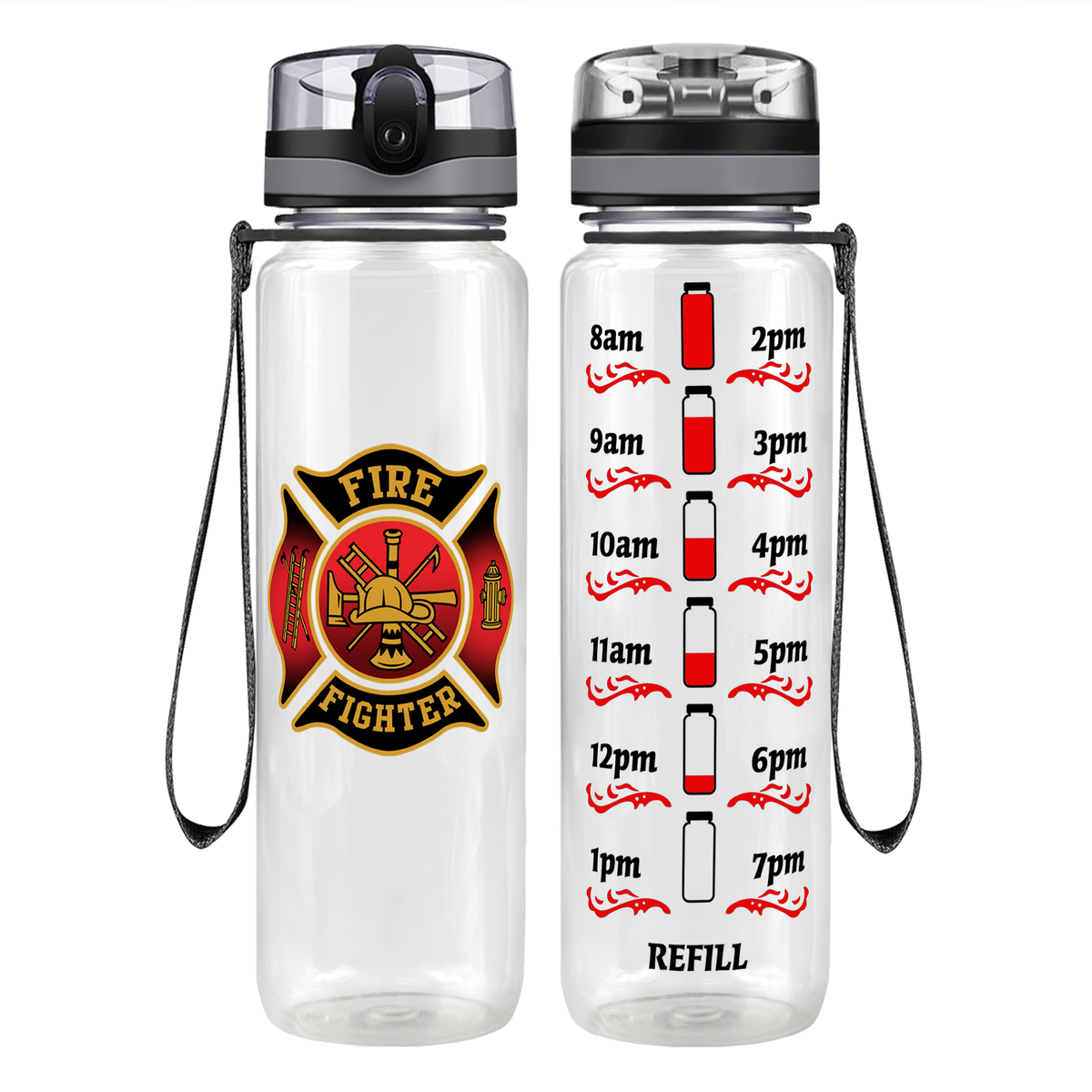 Black Red Fire Department Badge on 32 oz Motivational Tracking Water Bottle