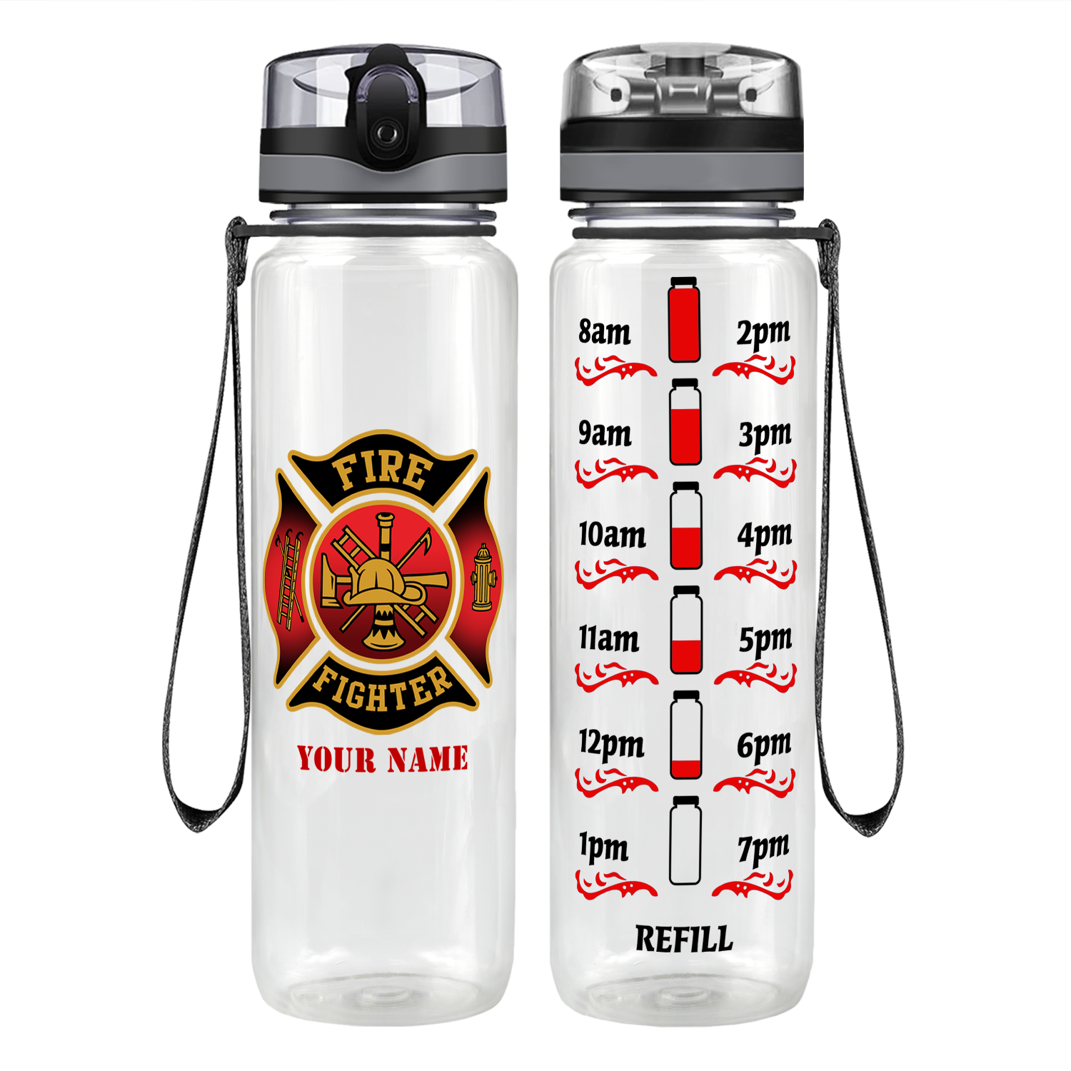 Personalized Black Red Fire Department Badge Motivational Tracking Water Bottle