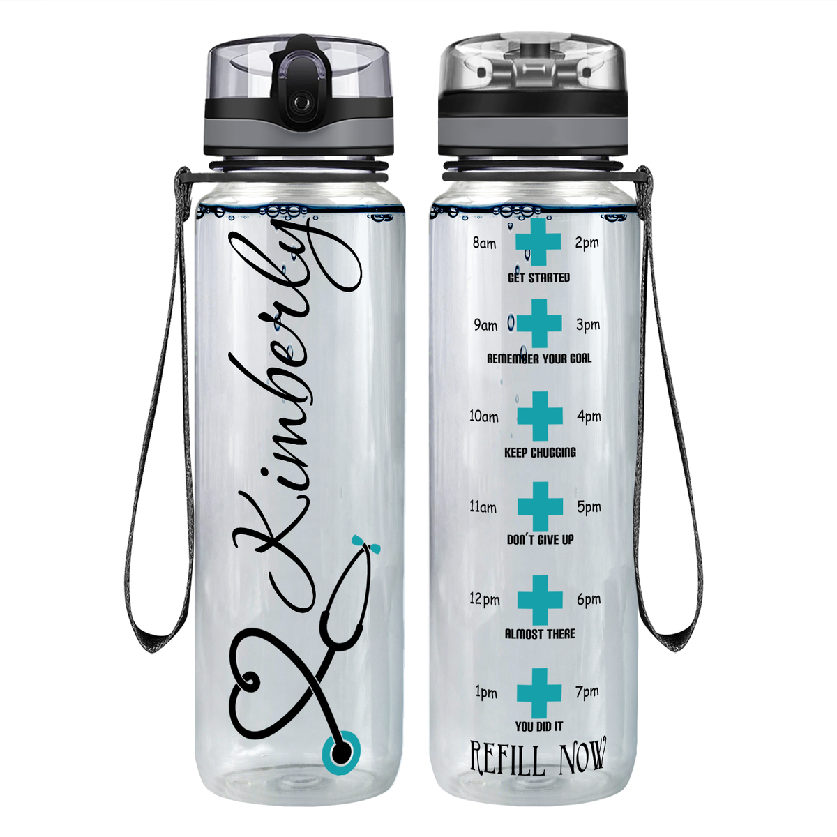 Personalized Nurse Heart Aqua Stethoscope on 32oz Motivational Tracking Water Bottle