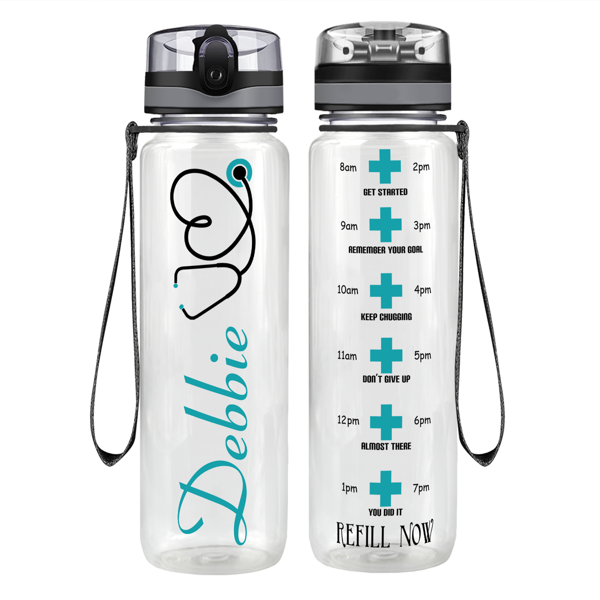 Personalized Nurse Name Aqua Stethoscope  on 32oz Motivational Tracking Water Bottle