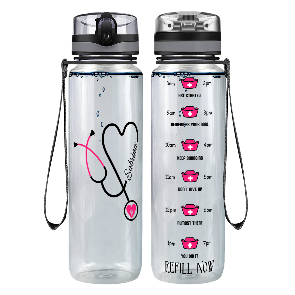 Personalized Nurse Pink Stethoscope Heart on 32oz Motivational Water Bottle