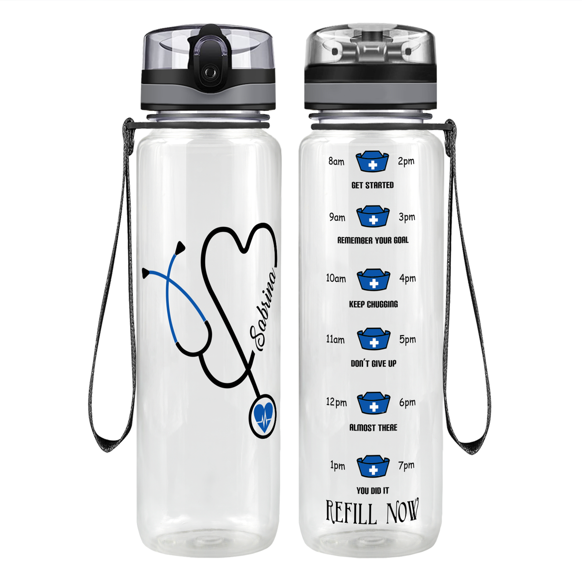 Personalized Nurse Blue Stethoscope Heart on 32oz Tracking Water Bottle