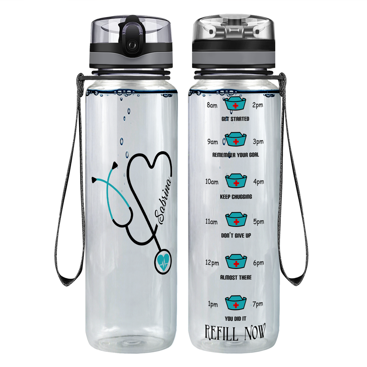 Personalized Nurse Water Bottle Green Stethoscope Heart on 32oz Motivational Tracking Water Bottle