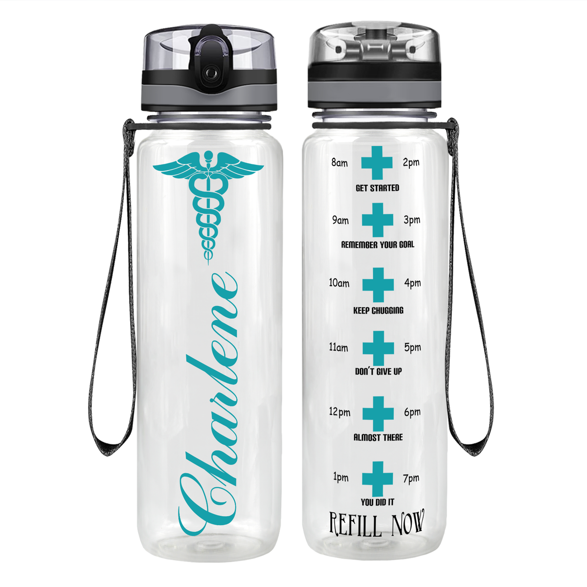 Personalized Nurse Caduceus on 32oz Motivational Tracking Water Bottle