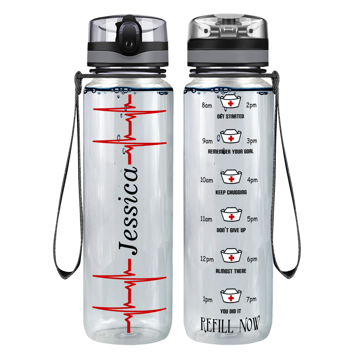 Personalized Nurse Water Bottle Heart Beat Pulse on 32oz Motivational Tracking Water Bottle