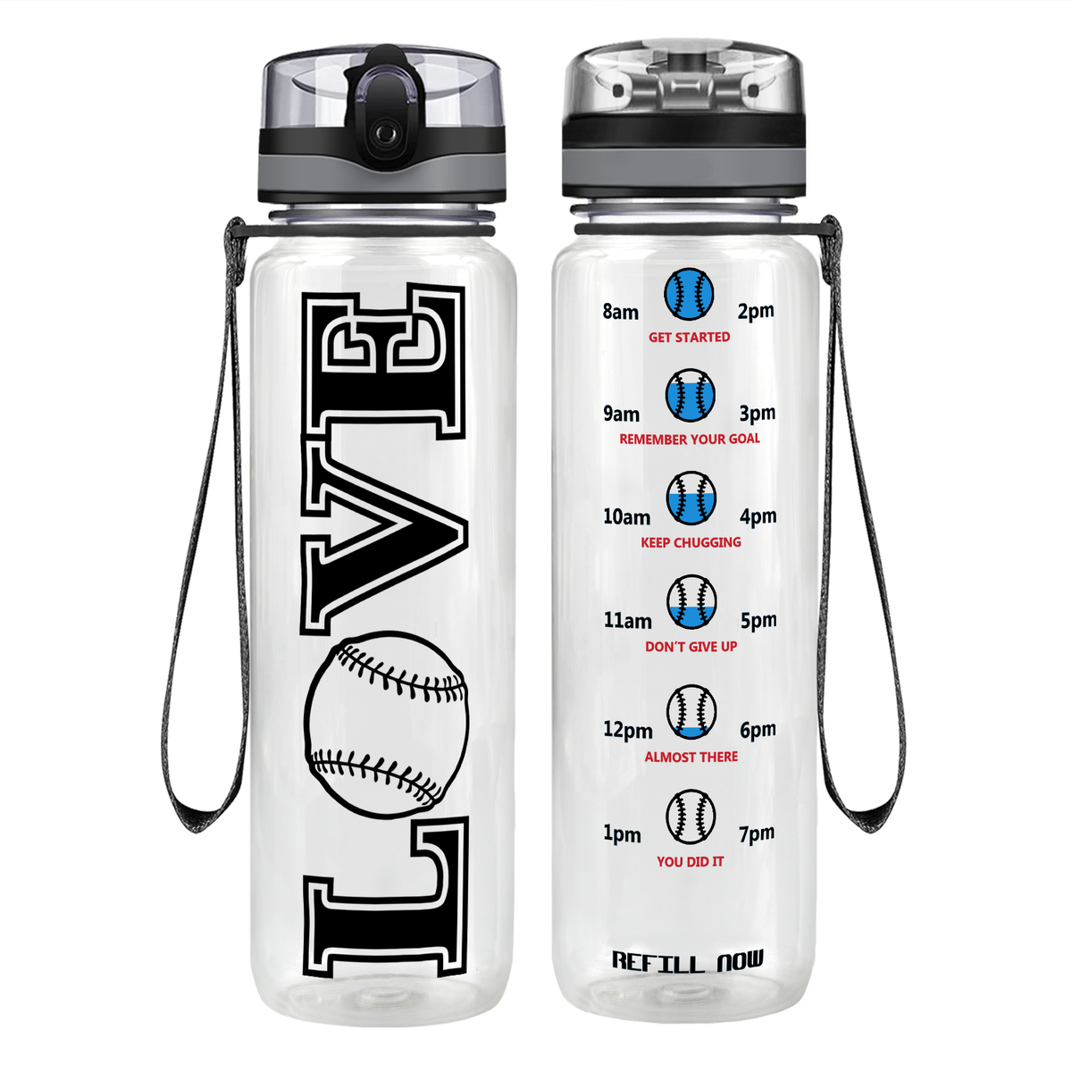 LOVE Baseball on 32 oz Motivational Tracking Water Bottle