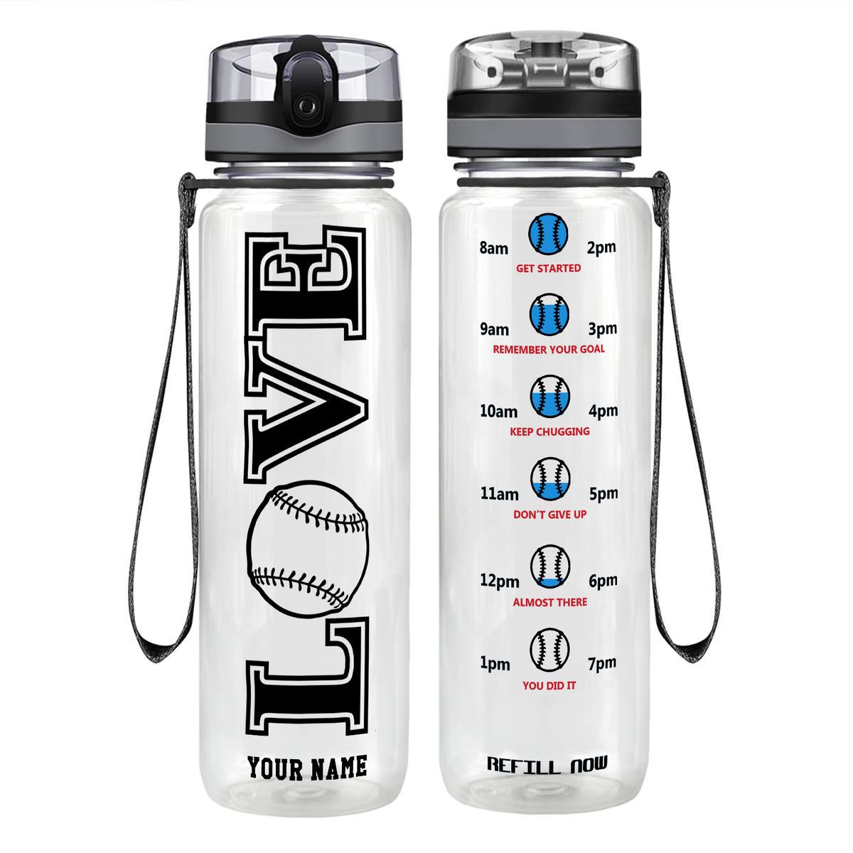 Personalized LOVE Baseball on 32 oz Motivational Tracking Water Bottle